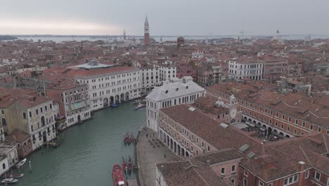 Cinematic drone footage of Rialto Bridge and Grand Canal in Venice.