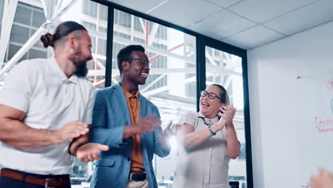 business people, applause and hug by team