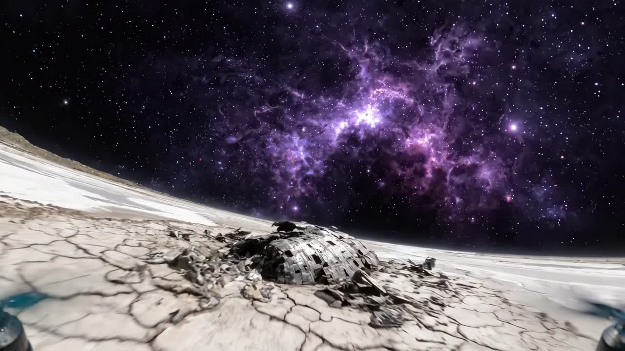 Esplorando uno strano pianeta alieno con un cielo di nebulosa viola.