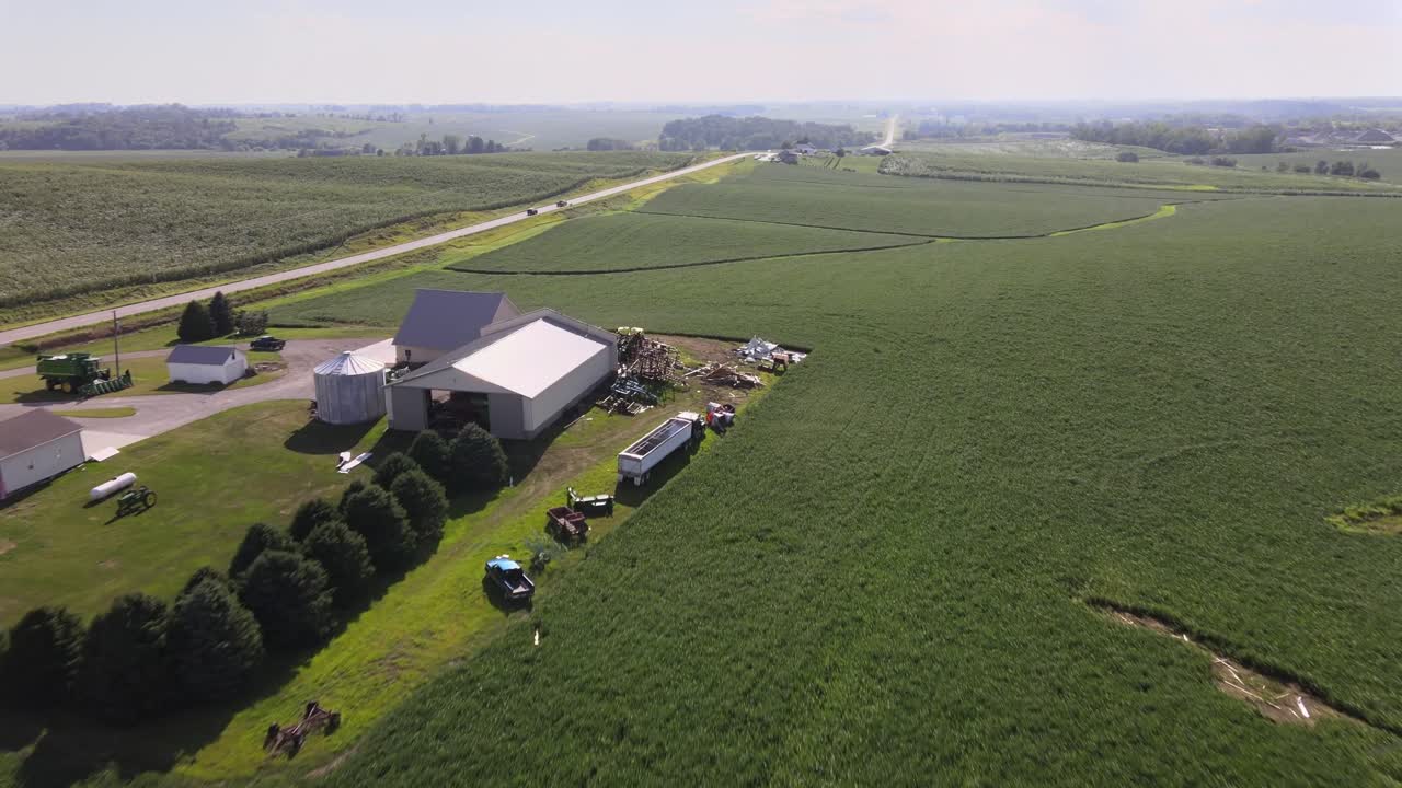 Aerial Drone Video Of Rich, Green Rural, Agrarian Agricultural Farmland Corn And Bean Midwest Heartland Of Iowa