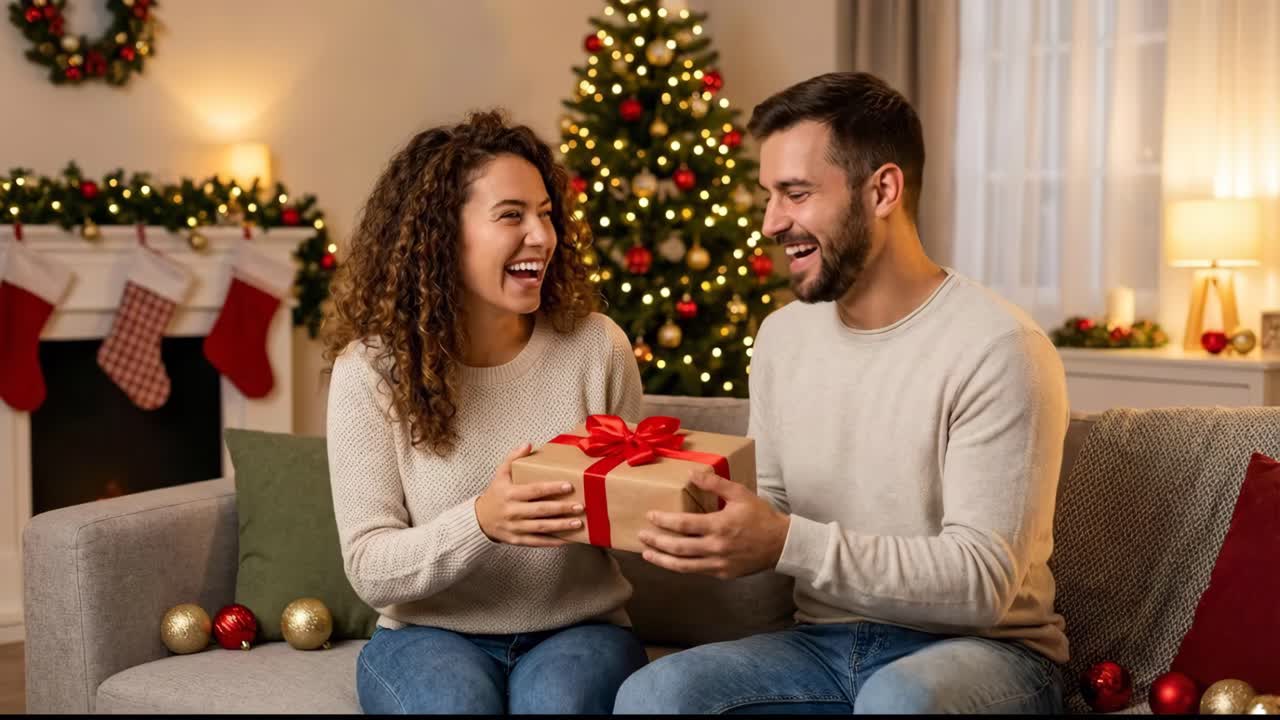 Couple exchanging gifts during Christmas celebration