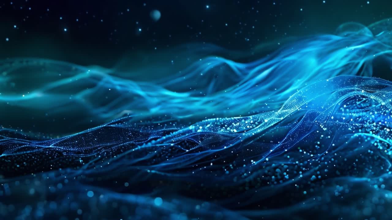 Abstract Blue Digital Waves and Particles Flow Background