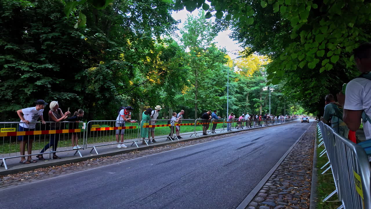 WRC Rally car in streets of Liepaja city, preparing for race, slow motion view