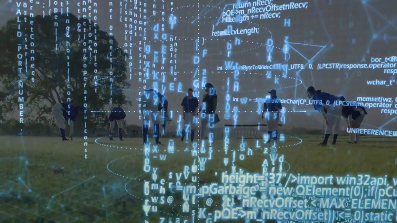 Following coach cues, baseball team executing stretching routine on field with holographic overlay