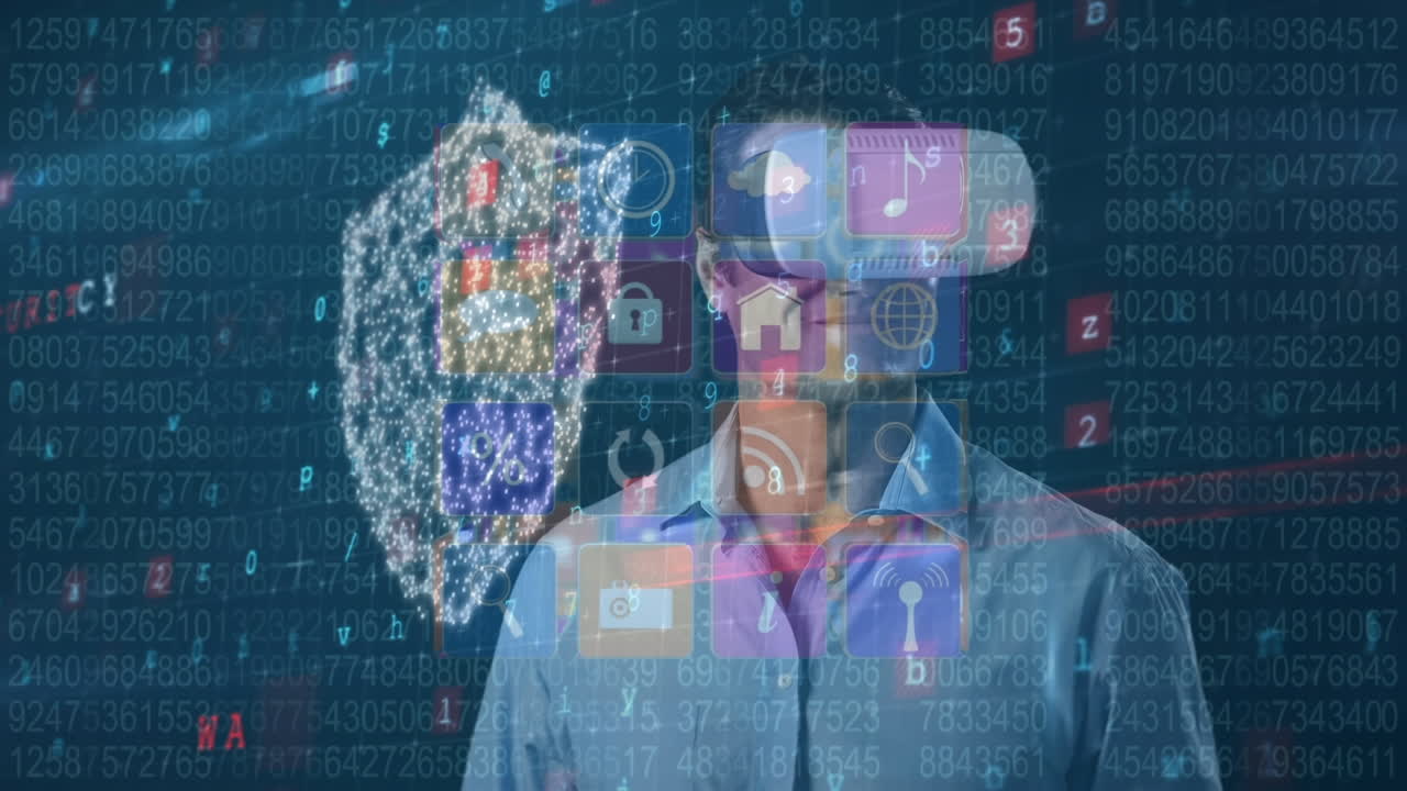animación del procesamiento de datos digitales sobre hombres usando auriculares vr