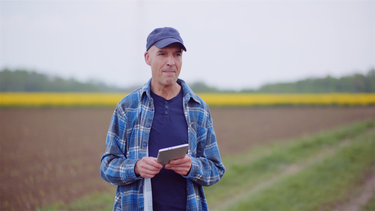 Agricultor examinando campo agrícola enquanto trabalha em tablet digital na fazenda.