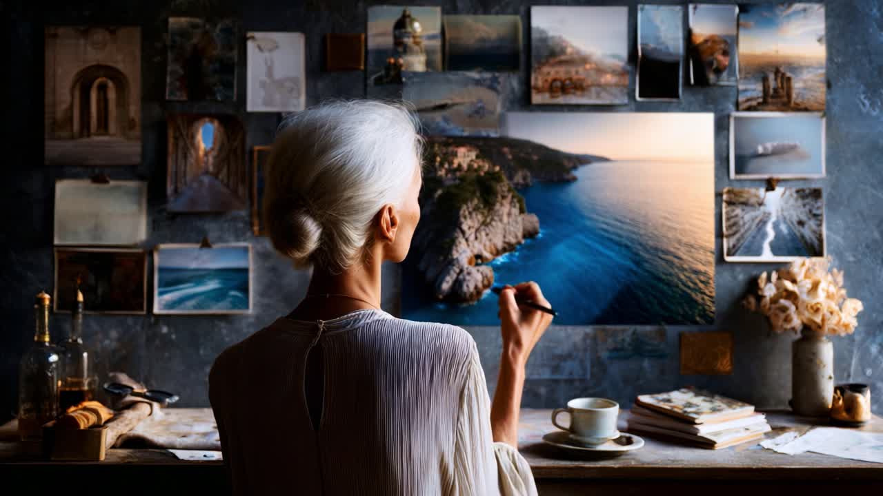 A Creative Artist Captivated by Coastal Beauty, Capturing the Essence of Serenity and Inspiration Through Artistic Expression in a Cozy Studio Setting with Photographs