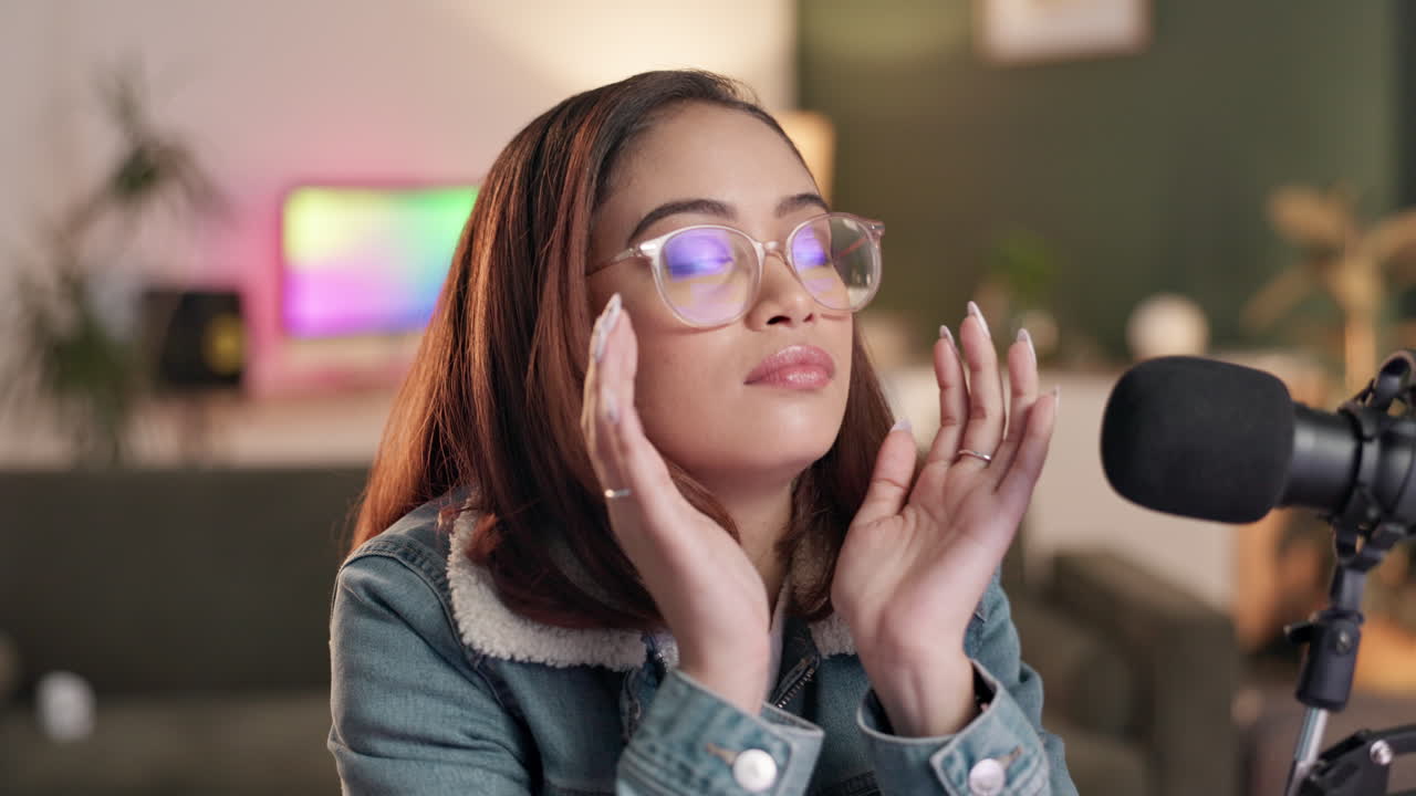 Woman experiencing headache or ear pain during podcast