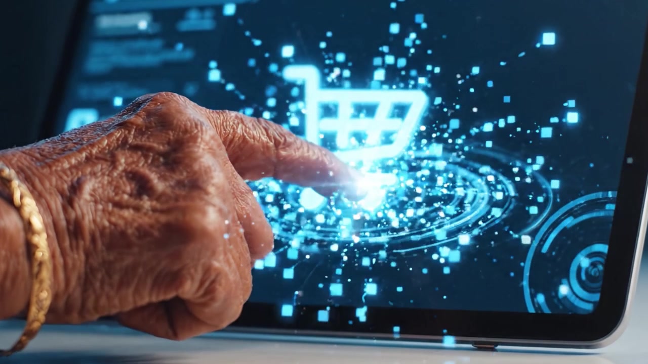Mano anziana che interagisce con l'interfaccia di un carrello della spesa digitale, evidenziando la facilità e l'accessibilità dello shopping online per tutte le età.