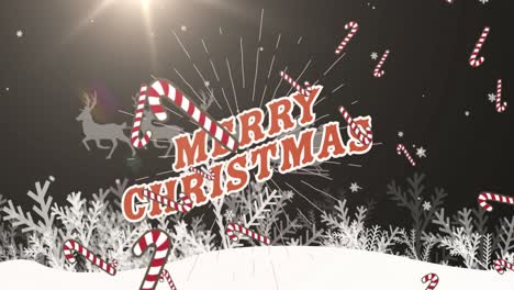 Animation-of-merry-christmas-text-over-candy-cane-falling-and-winter-landscape