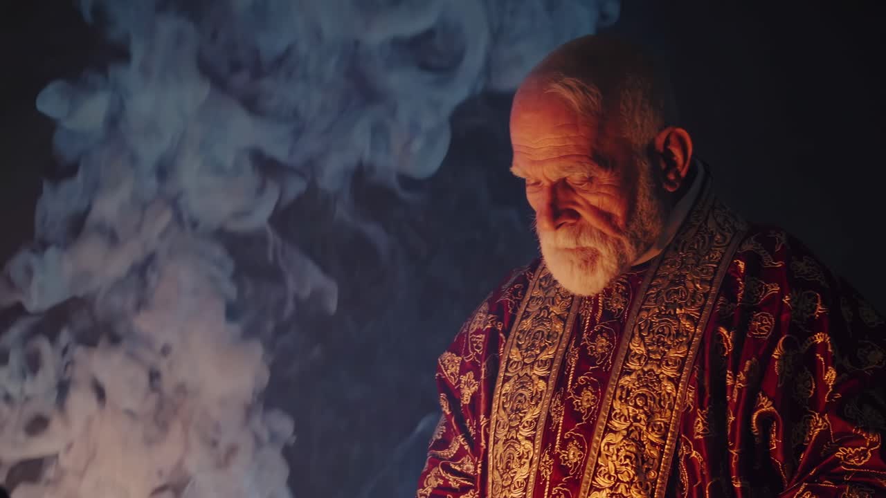 Elderly man in ornate robe, deeply focused, surrounded by swirling smoke, engaged in a mystical ritual, showcasing the essence of ancient traditions and spiritual connection