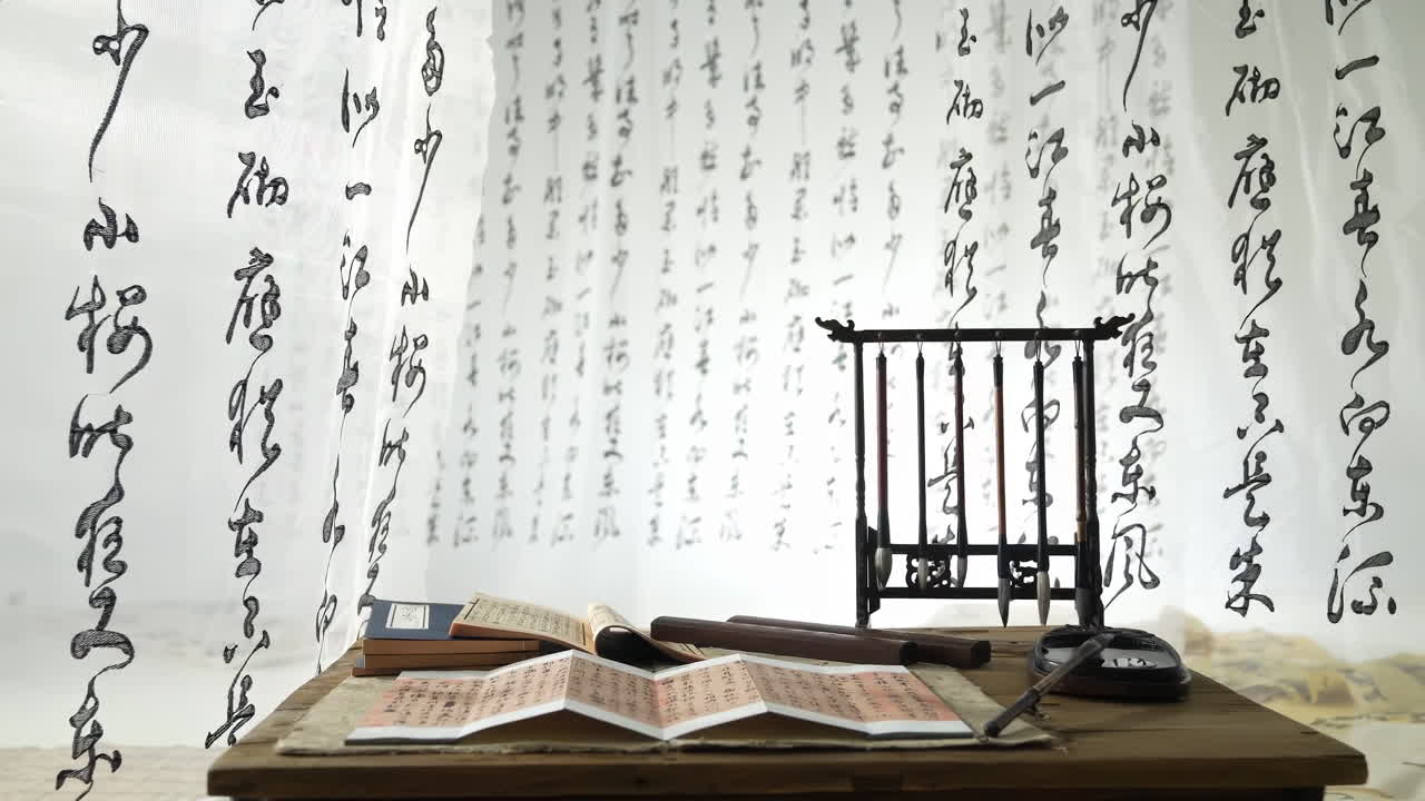 Peaceful home setting, Chinese calligraphy scene text, traditional eastern ancient prose with brush and ink, cultural art with oriental culture artifacts, preserved in the Temple of Confucius