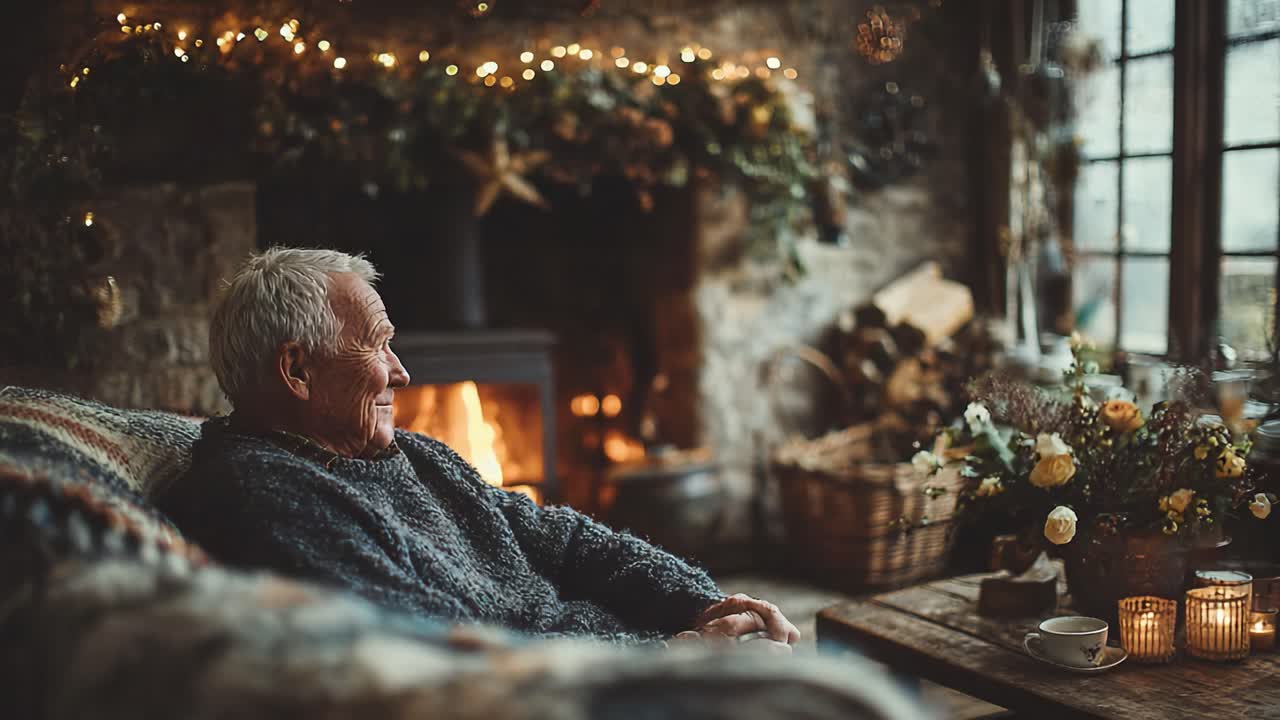 A Cozy Evening Reflection: A Senior Man Enjoys the Warmth of a Festive Fireplace Surrounded by Nature and Comforting Decor on a Peaceful Winter Night