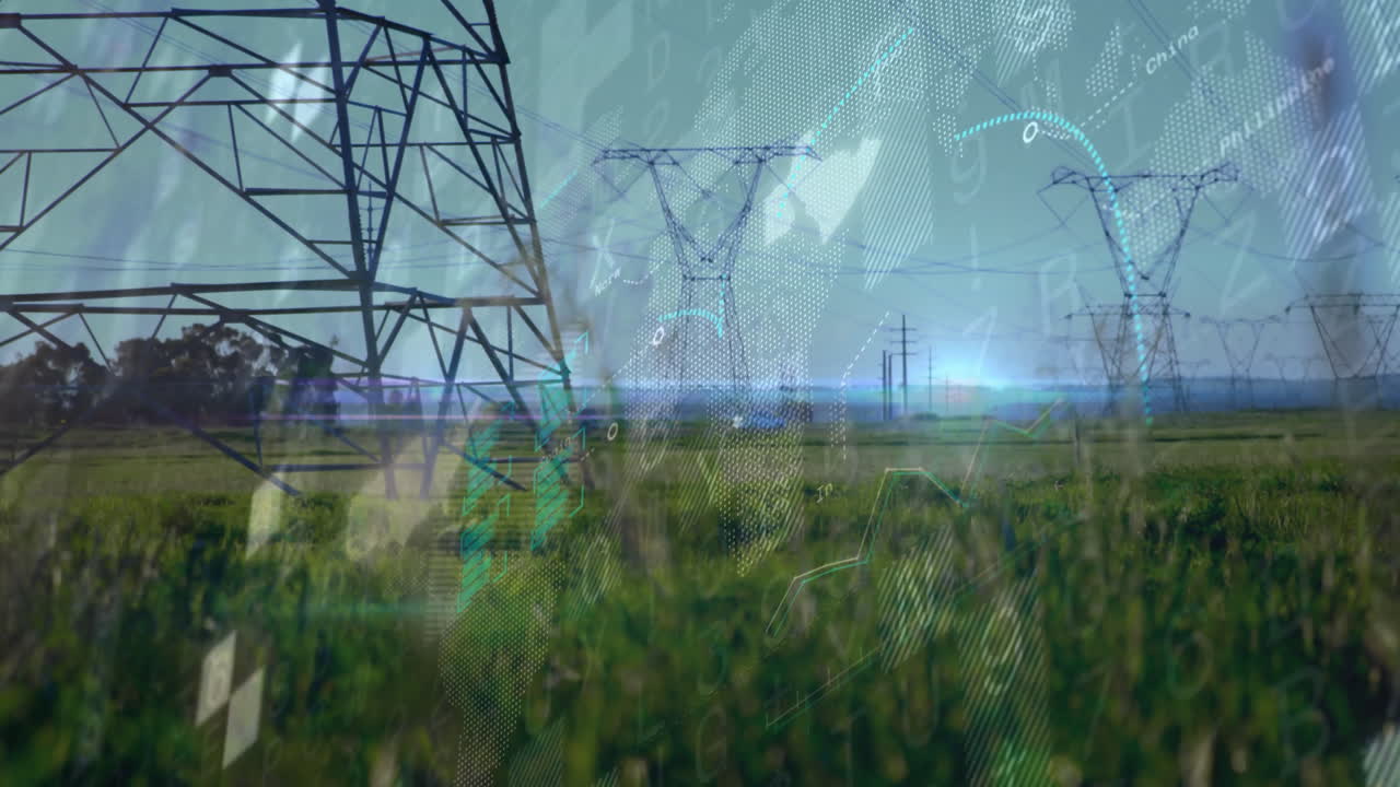 Tower being rendered in rural field, streaming digital data overlays with flat-design global charts