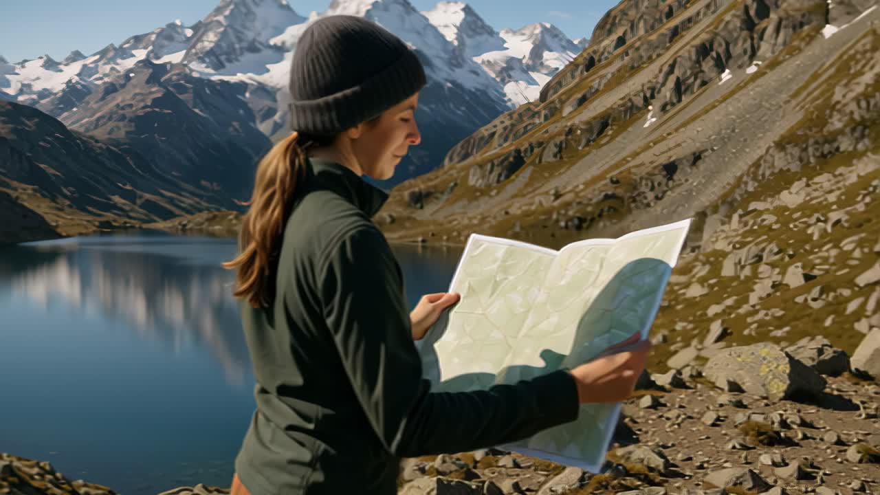 Side view of a woman trekker wearing beanie and outdoor jacket studying a paper map on rocky shore of a calm mountain lake with snowcapped peaks on a sunny day
