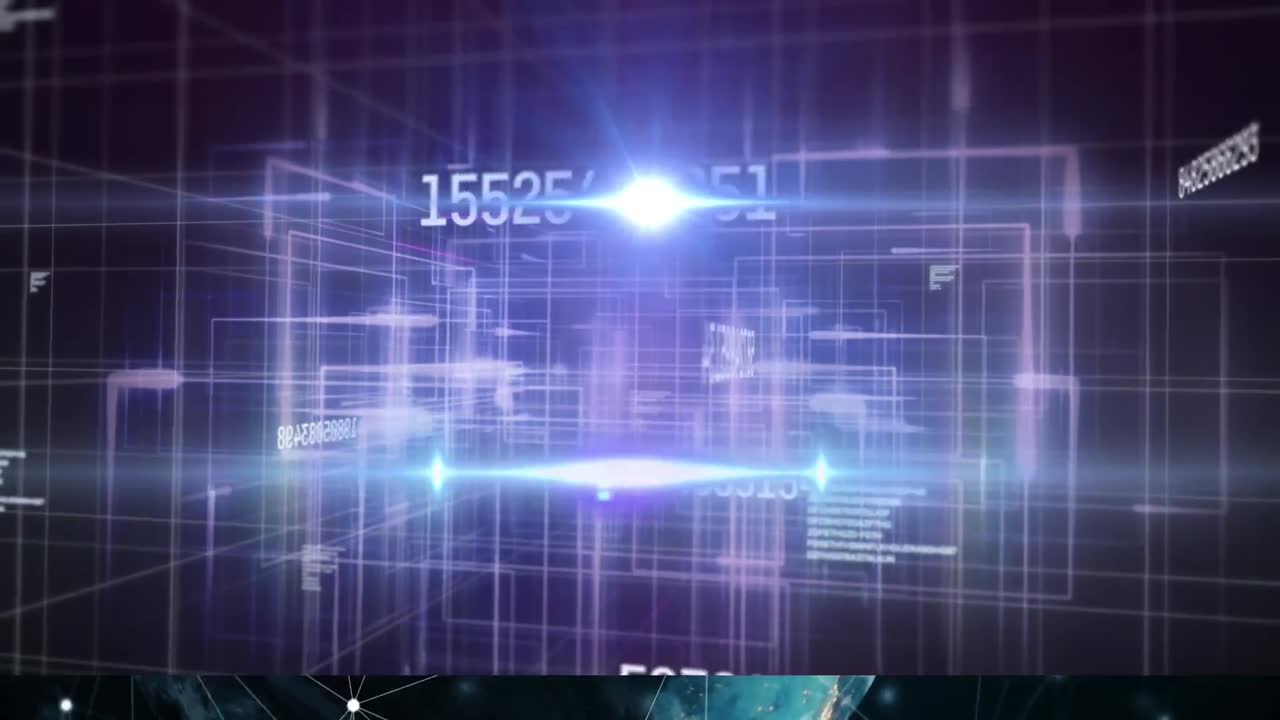 바뀌는 숫자의 애니메이션과 보라색 배경의 그리드 위에 반 ⁇ 이는 빛을 통해 데이터 처리가