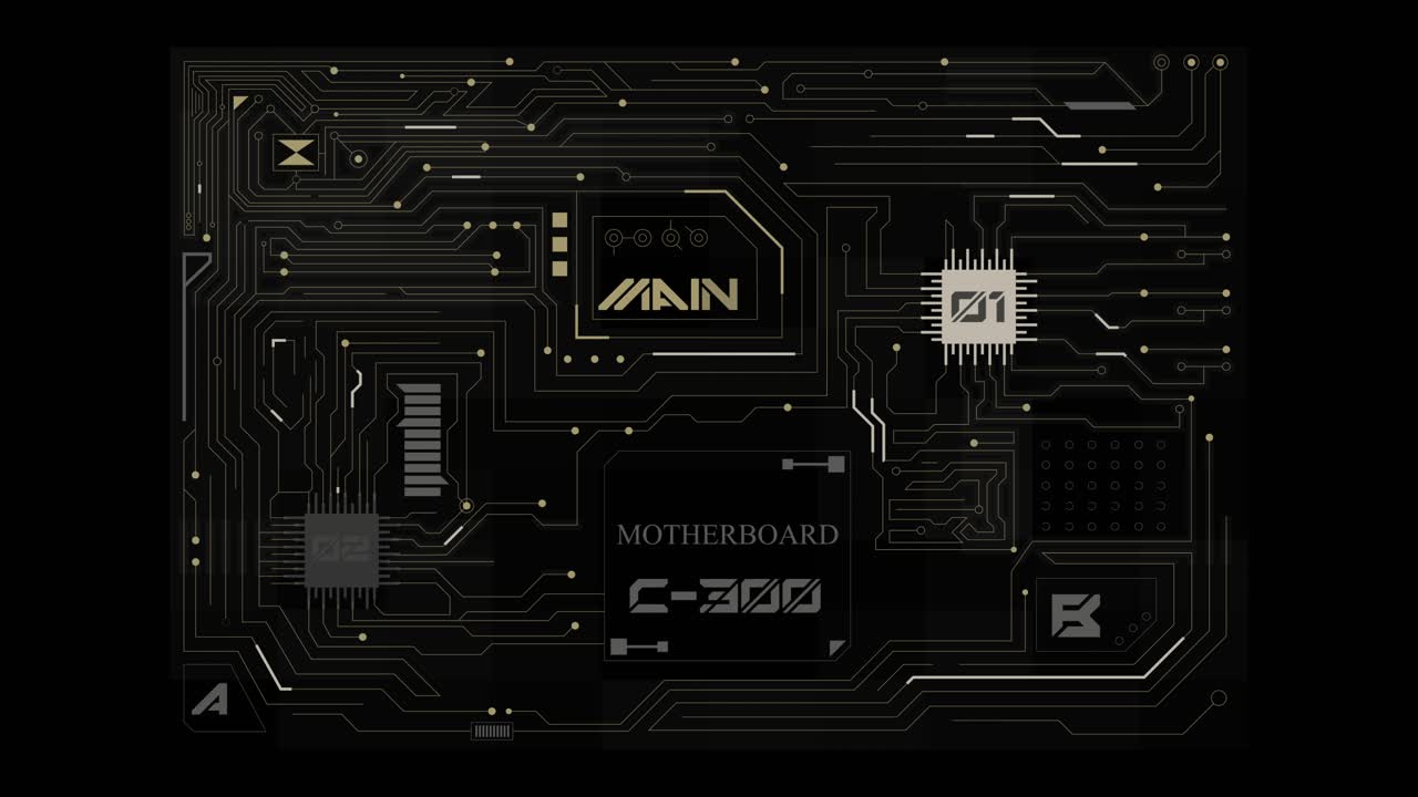 Computer Motherboard virtual panel with complex infographic data and information elements