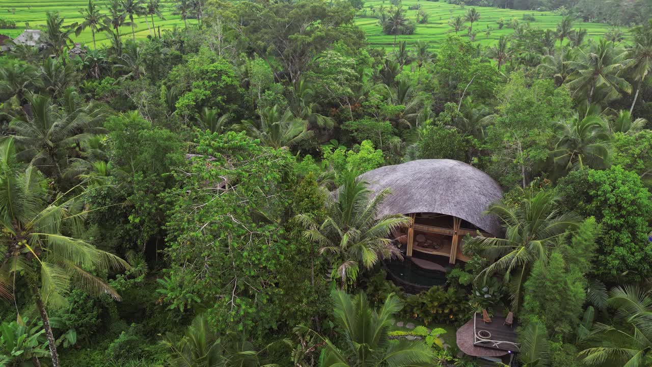 A stunning drone view of an eco-friendly bamboo villa in Bali, featuring unique wooden architecture embraced by tropical plants and palm trees, creating a peaceful and luxurious jungle atmosphere