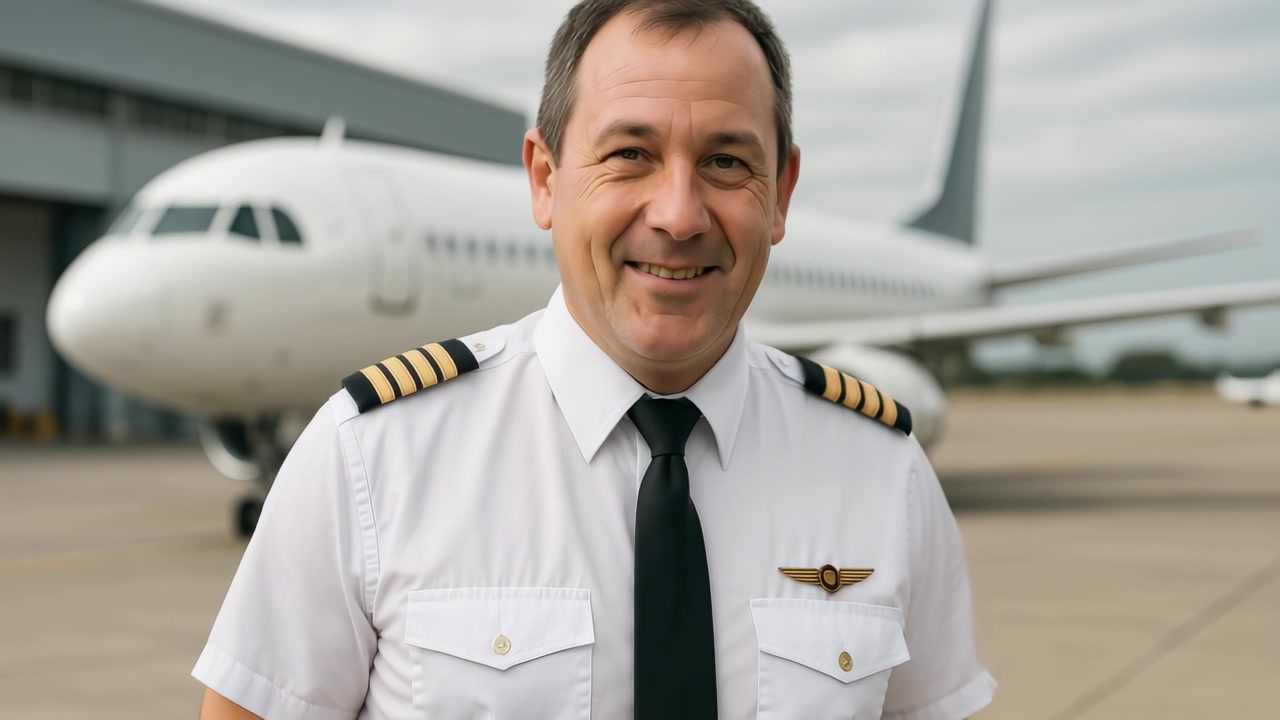 Piloto de aerolínea sonriente de pie frente a un avión en la pista