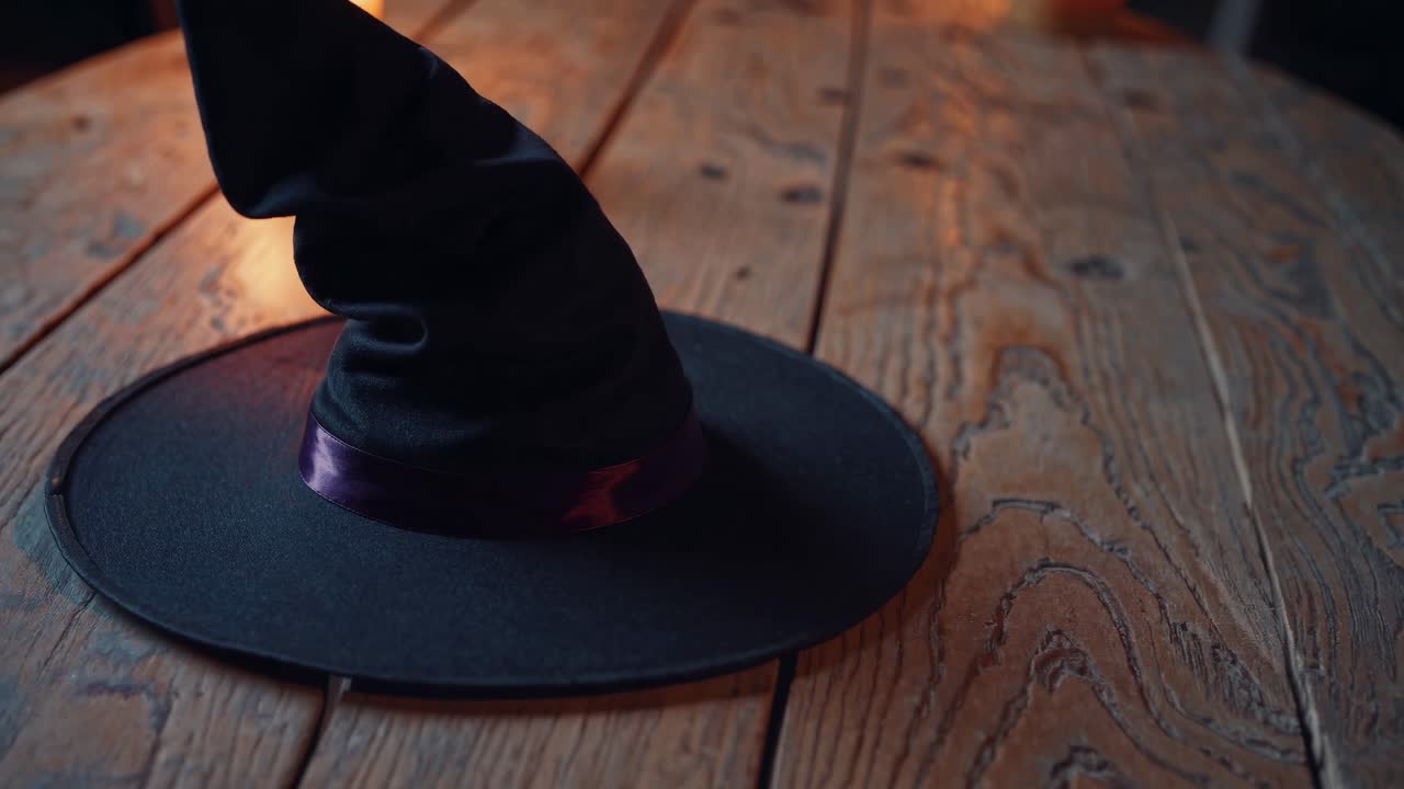 A witch's hat on a rustic wooden table, captured in a low-angle shot
