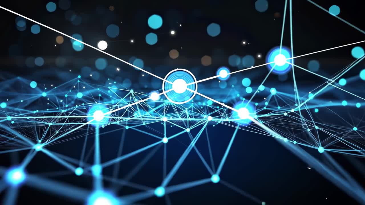 Abstract video of a digital network with glowing blue nodes and lines
