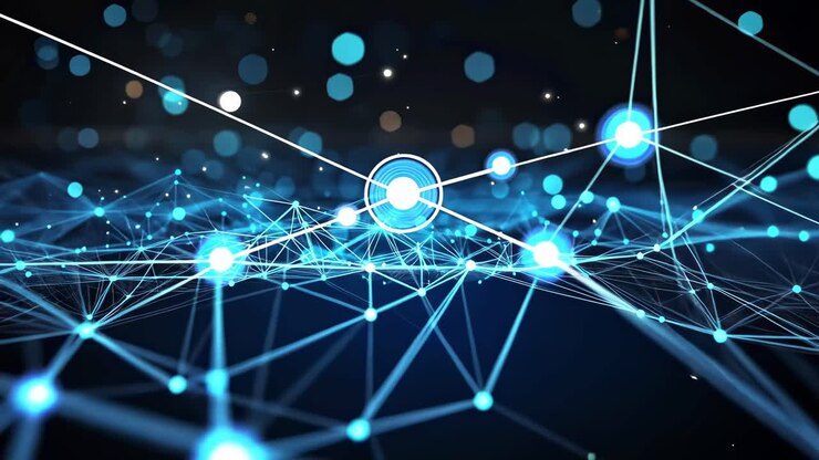 Abstract video of a digital network with glowing blue nodes and lines