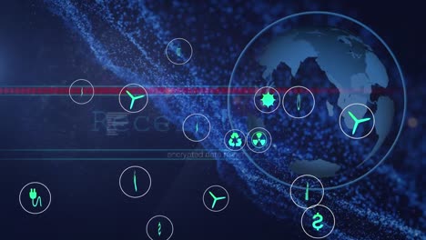 Animation of ecology and green energy icons over globe of connections