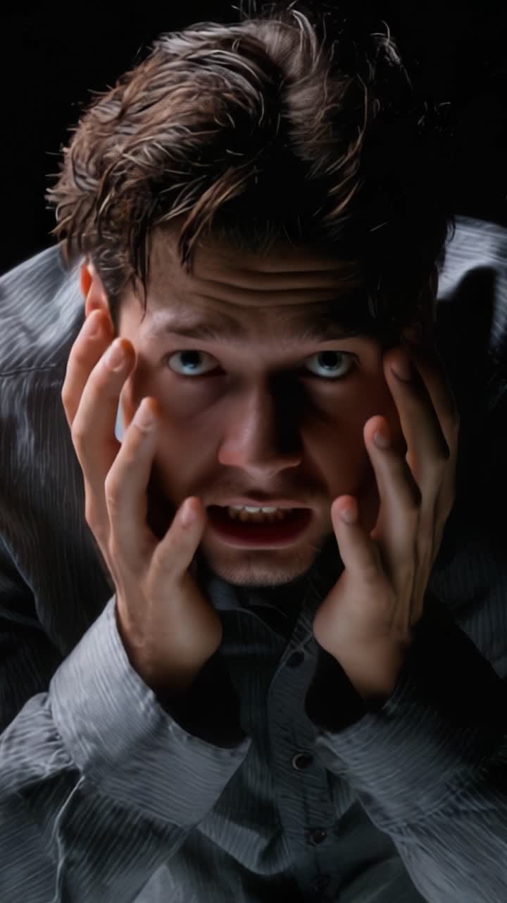 A Young Man Exhibiting Tension and Distress, Captured in a Series of Frames Reflecting Emotional Turmoil and Introspection Amidst Dark Backdrops