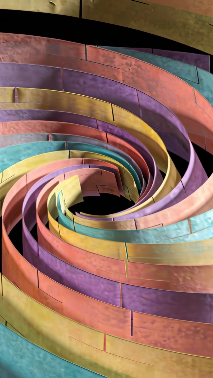Vertical video: Rotating seamed panels showing rings in portrait as camera zooming into black void