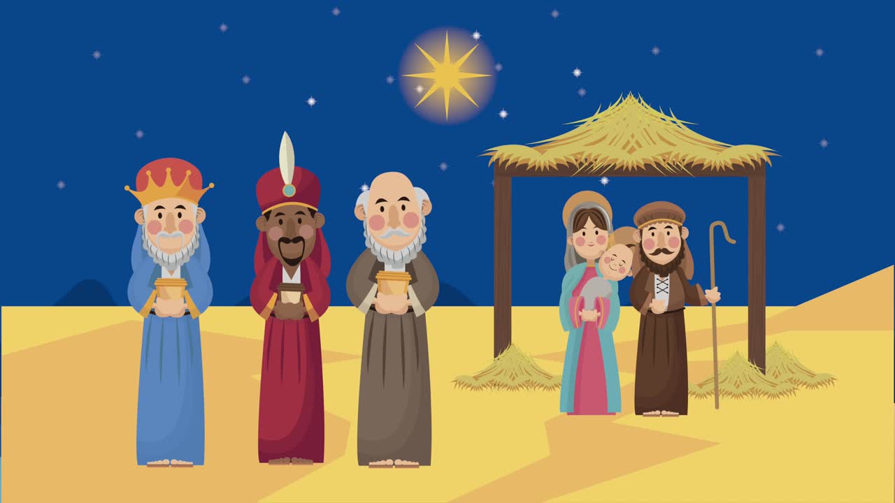 merry christmas animation con la santa famiglia e i re magici