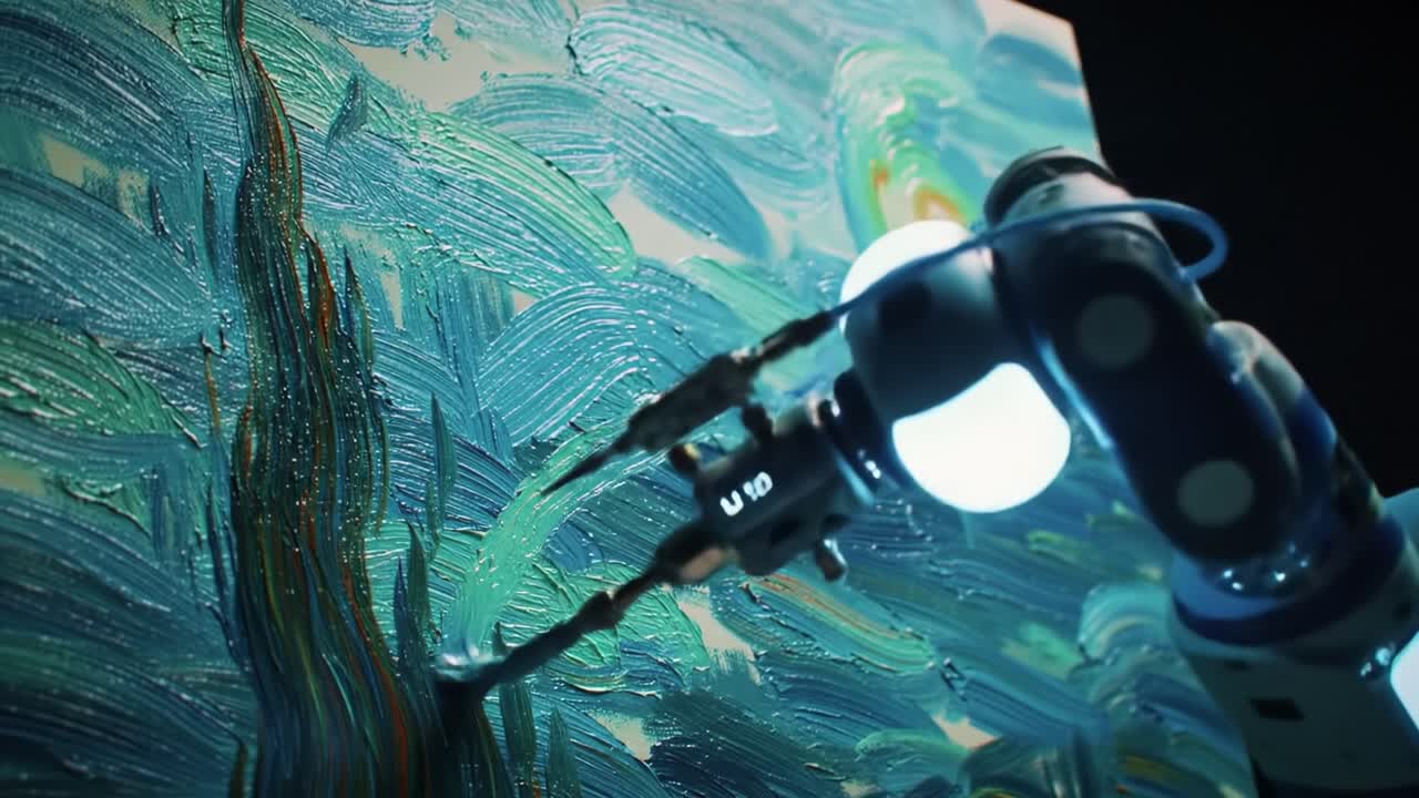 A Robotic Arm Creating Artistic Masterpieces: A Dazzling Display of Automation Merging with Creativity, Capturing the Flow of Colorful Brushstrokes and Inspired Expressions