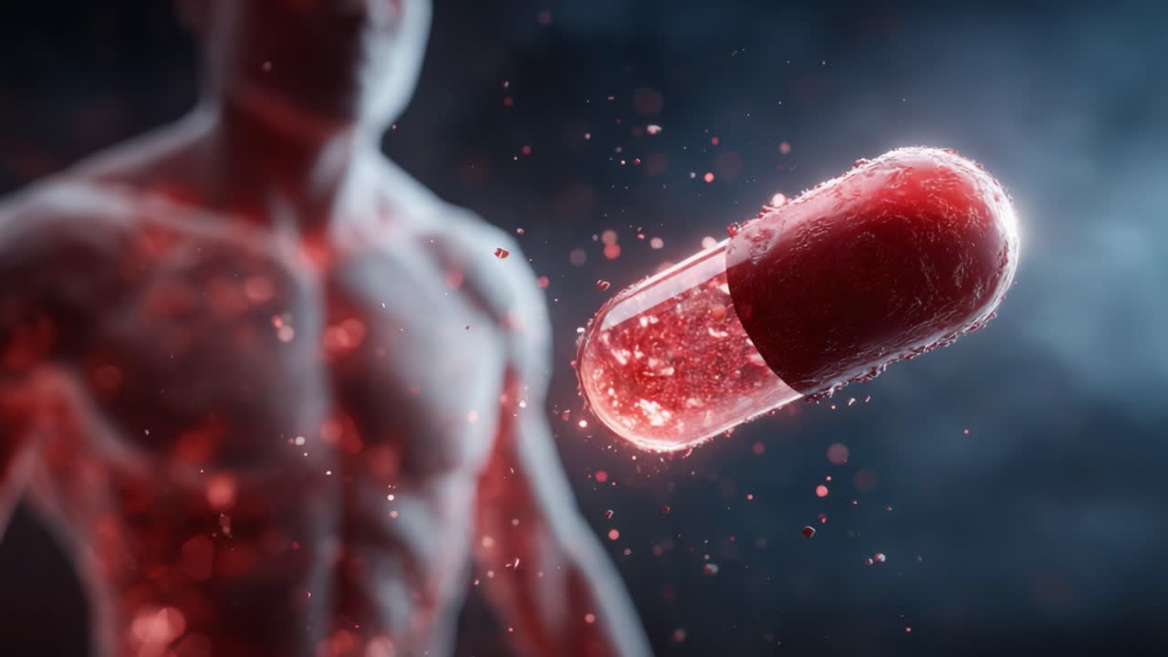 Rappresentazione dinamica di una capsula rossa sospesa in aria, che evidenzia l'intersezione tra medicina e biologia umana con uno sfondo suggestivo di movimento e luce