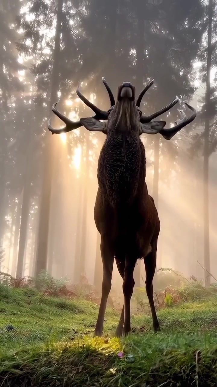 Majestic Red Deer Stag Bugling in a Misty Forest with Sun Rays