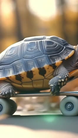 turtle skates in autumn park. a turtle skillfully rides a skateboard along a park path surrounded by colorful autumn leaves and trees.