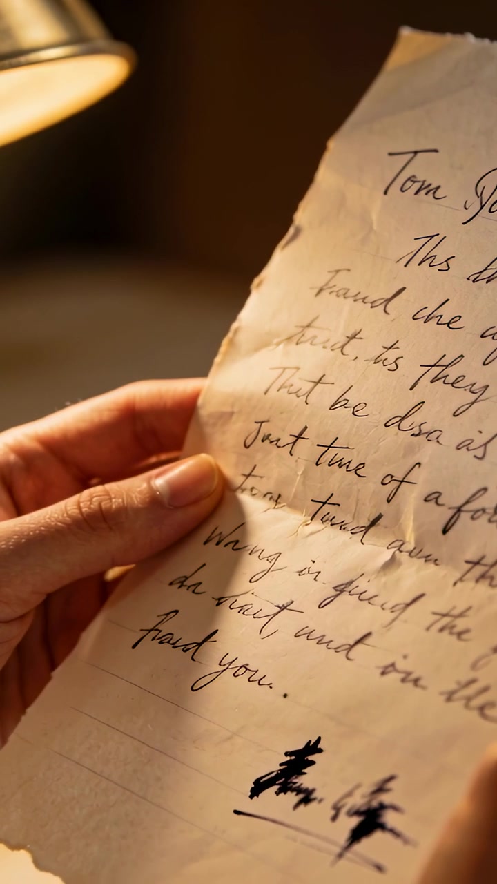 Vertical video: Adjusting hand angling cursive note by warm lamp, light revealing signature to read