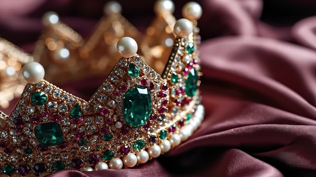 A gold crown with emeralds and pearls on a purple cloth