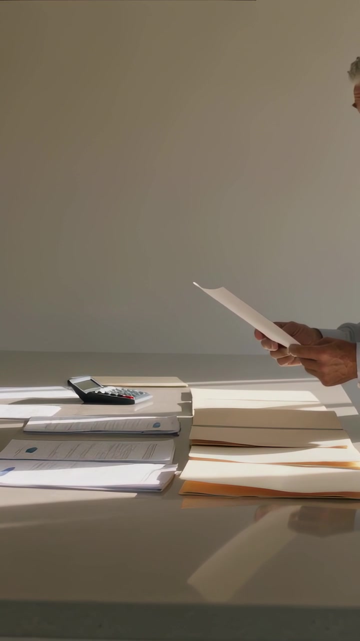Vertical video: Lifting sheet man in light top sorting docs at counter with calc, files, copy space