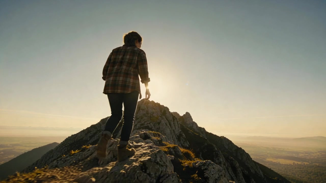 Una donna con camicia a quadri e scarponi da trekking cammina lungo una cresta rocciosa verso la cima, inseguendo il bagliore dell'alba.