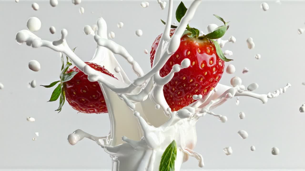 Close-up video shot of strawberries splashing into milk, capturing dynamic motion and freshness