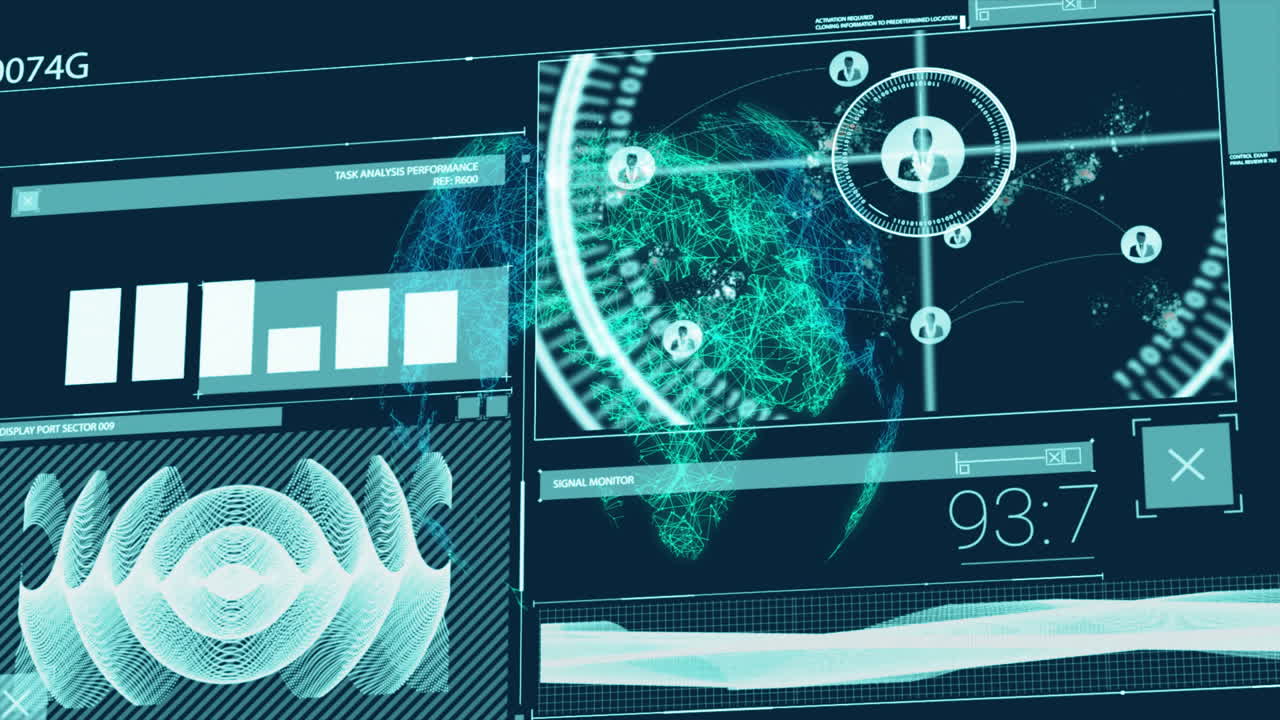 Animation showing global network connections and data analytics on digital interface