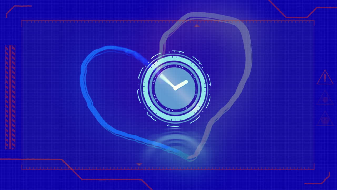 animación de la interfaz digital y reloj en movimiento sobre la forma de corazón sobre fondo azul