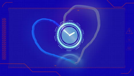 animation of digital interface and moving clock over heart shape on blue background