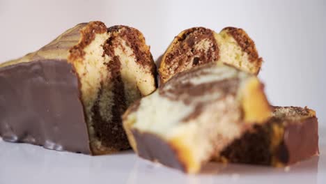 typical industrial german marble chocolate cake cut into portions