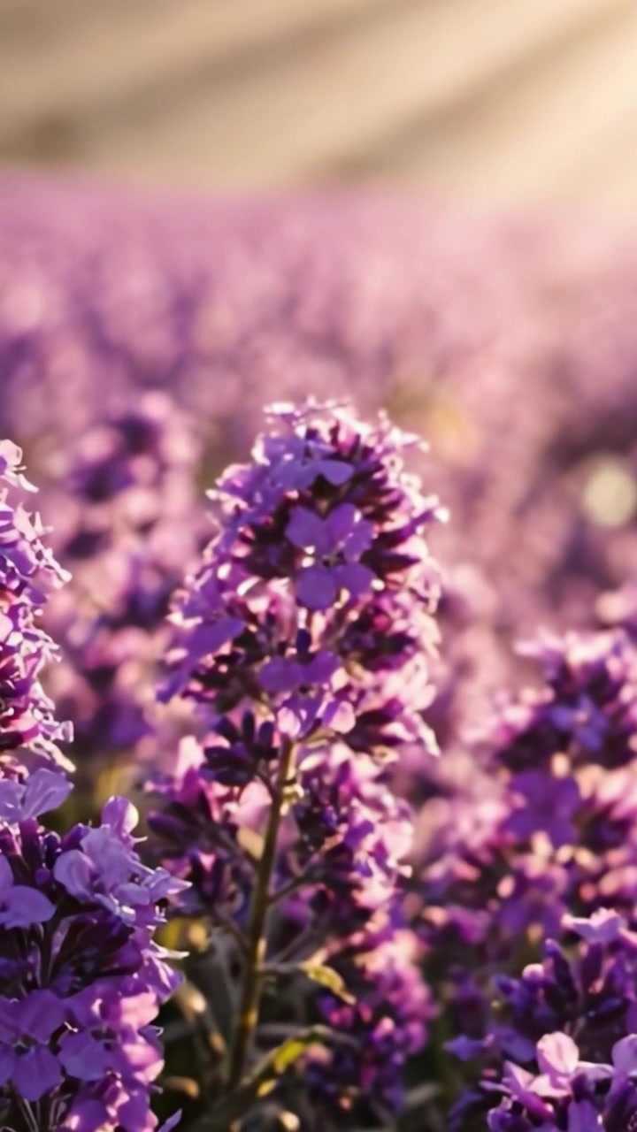 Un campo sereno di fiori viola bagnato da luce calda, che cattura la bellezza della flora vibrante della natura in piena fioritura, perfetto per il relax e l'ispirazione.