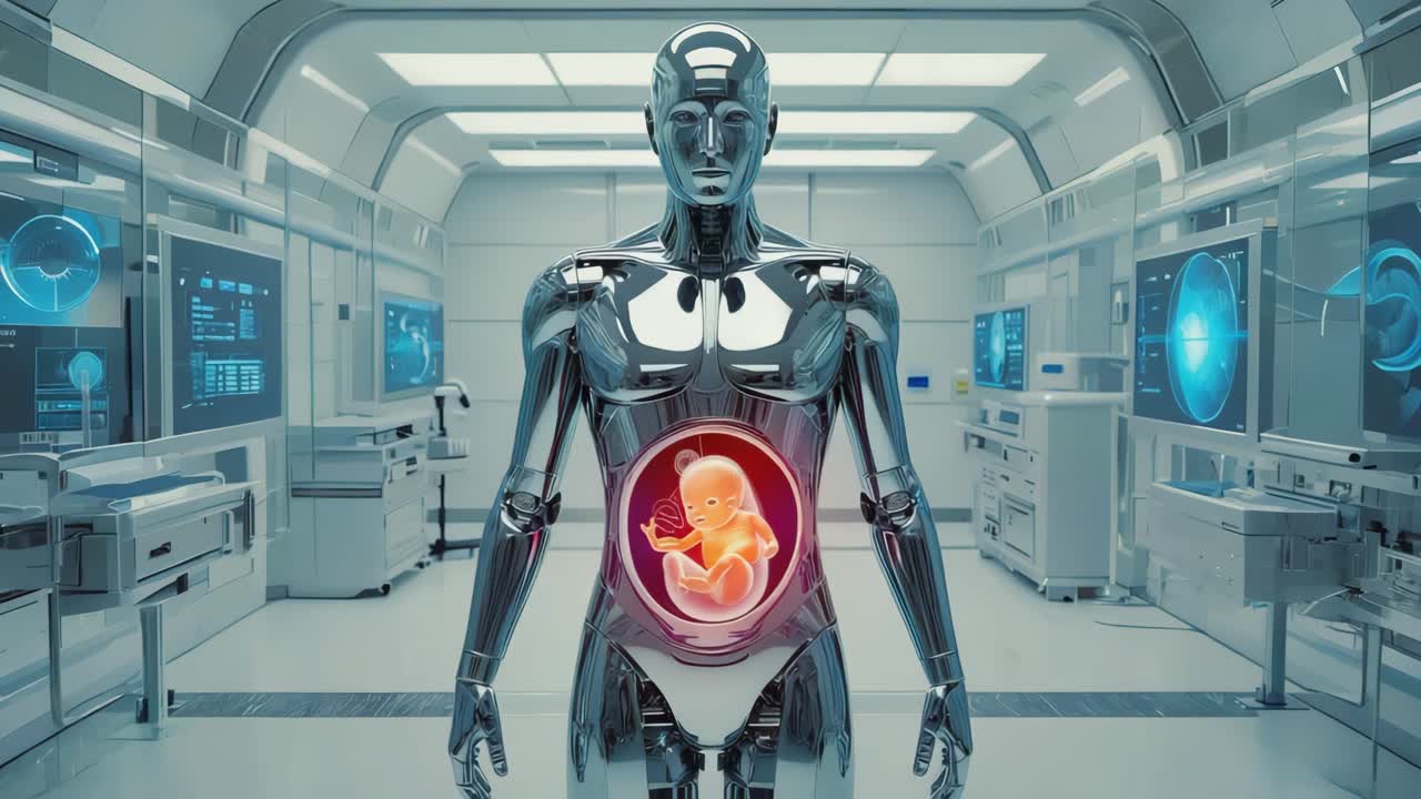 Futuristic Robot Incubating a Human Fetus in an Advanced Laboratory