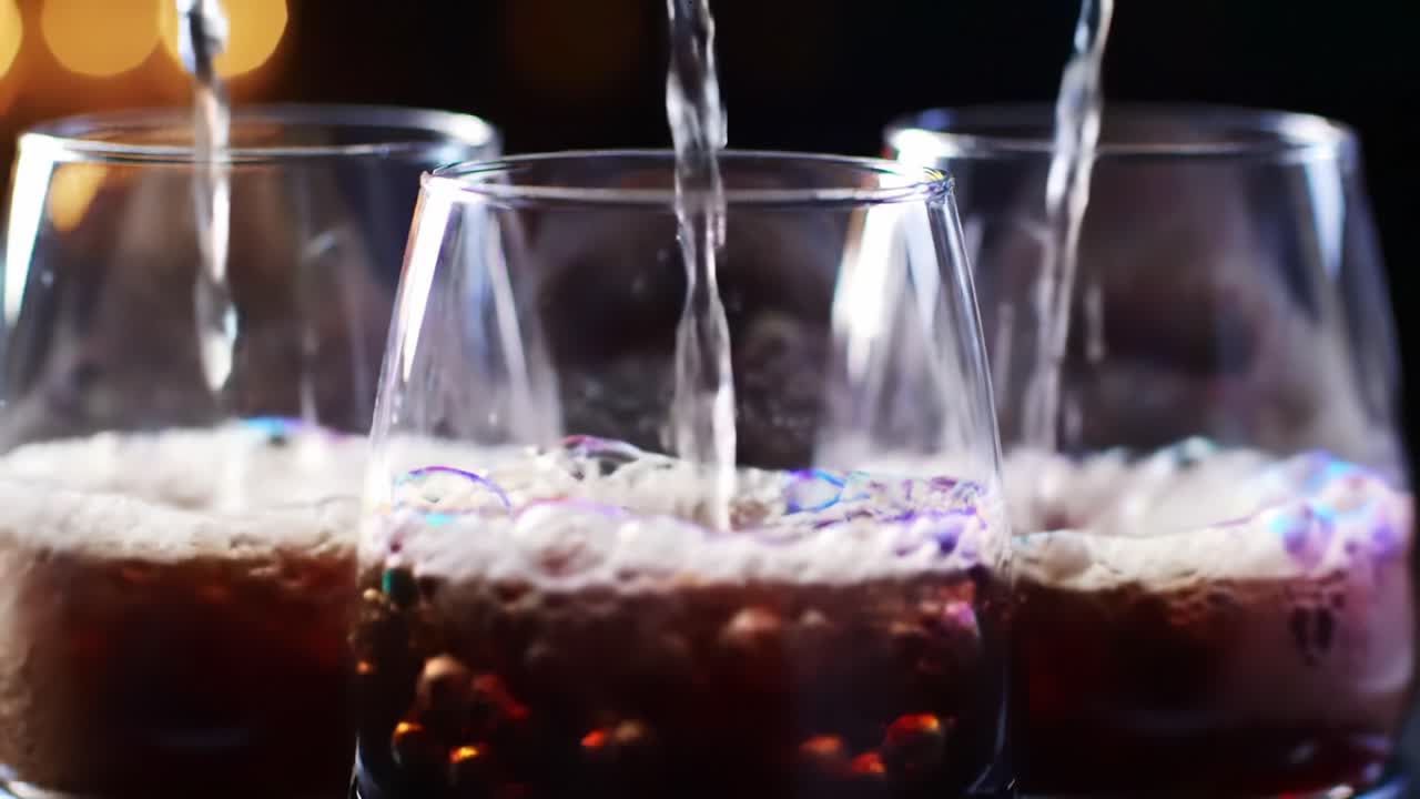 Captivating Moment of Liquid Being Poured into Three Distinct Glasses, Showcasing the Bubbles and Texture of a Dark Carbonated Beverage in Stunning Detail