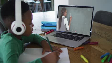 Niño-Afroamericano-Sentado-En-El-Escritorio-Usando-Una-Computadora-Portátil-Teniendo-Una-Lección-Escolar-En-Línea