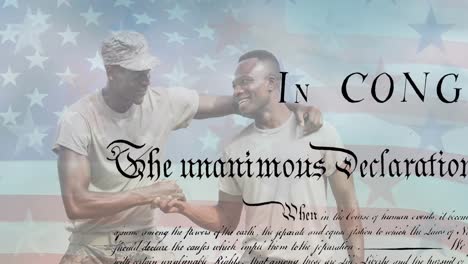 Animation-of-text-and-male-soldiers-over-american-flag