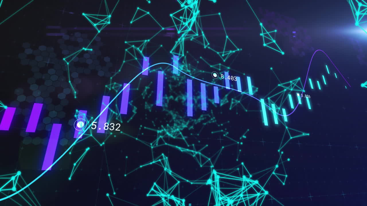 Data analytics interface floating in dark scene, showing neon bar charts and teal network mesh