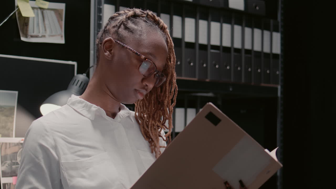 Woman reading a folder in an office
